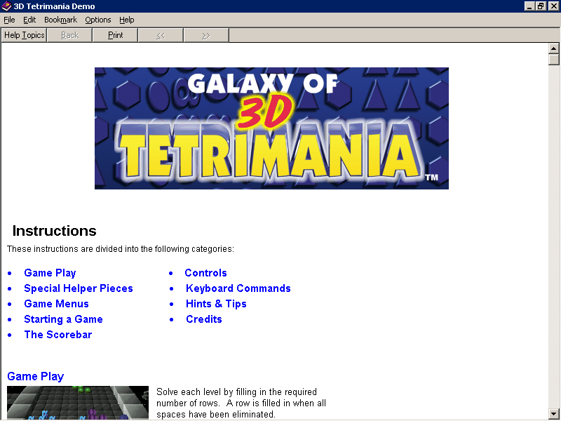 Galaxy of 3D TetriMania (Windows) screenshot: The game's help file opens up in a new, resizable window