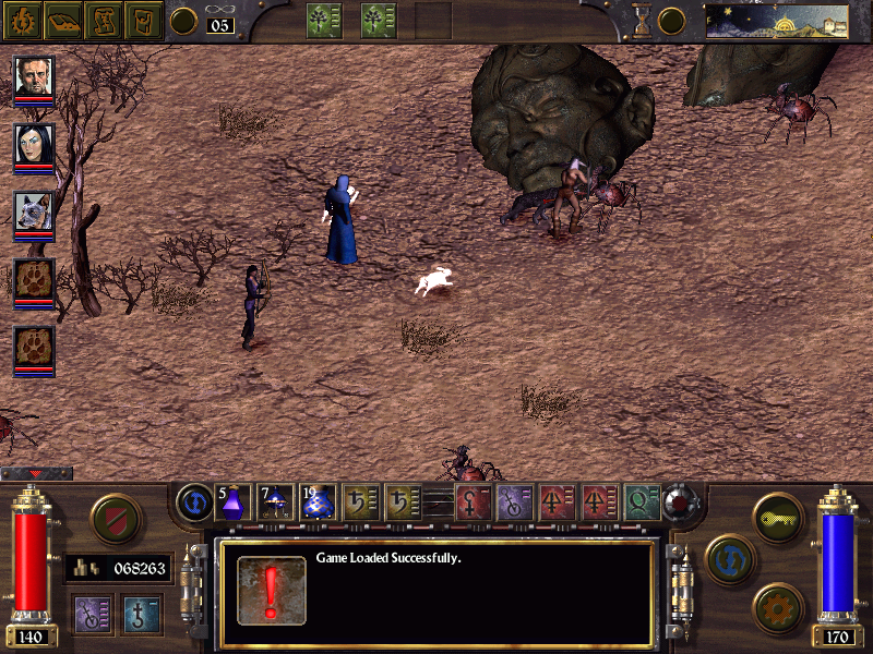 Arcanum: Of Steamworks & Magick Obscura (Windows) screenshot: Battle in mysterious ruins, with a giant statue half-buried in the sand... Raven is practicing her bow; my vorpal bunny attacks a giant spider!..