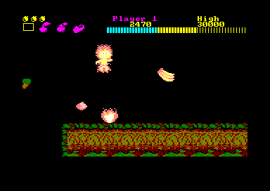 Wonder Boy (Amstrad CPC) screenshot: This is what happens when you get burnt by fire: you lose a life