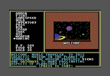Legacy of the Ancients (Commodore 64) screenshot: From the museum you can access different parts of the world (if you have the right coins).