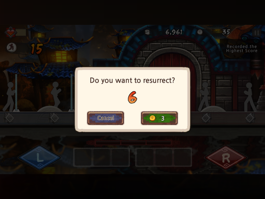 One Finger Death Punch (iPad) screenshot: Do you want to resurrect?