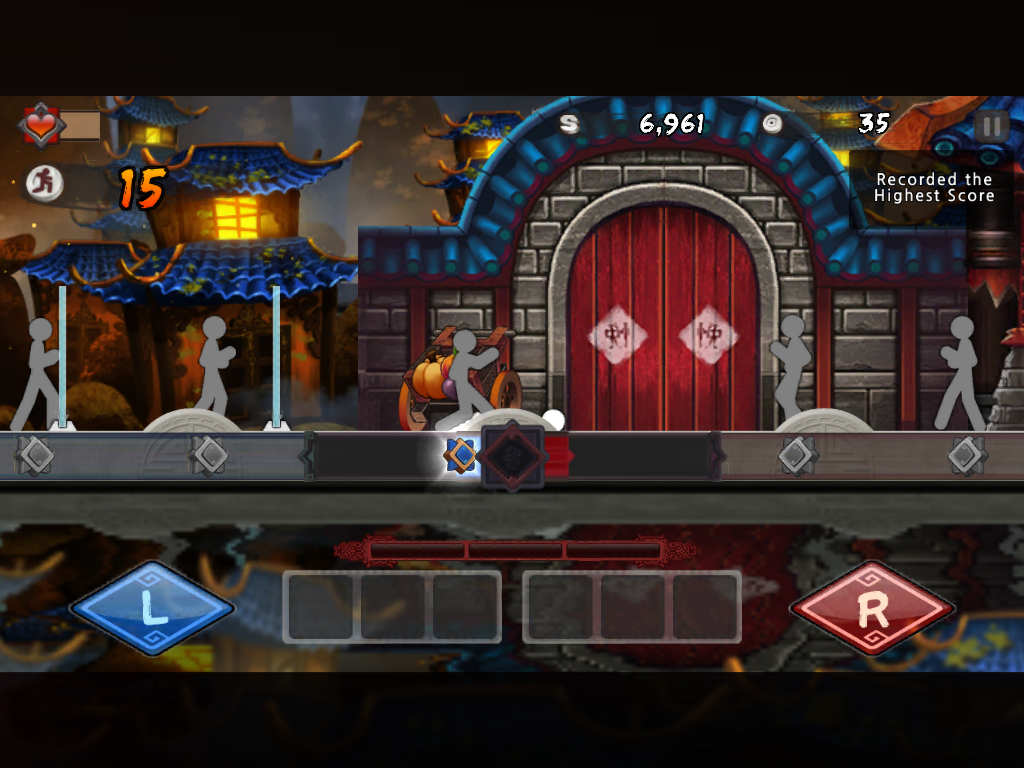 One Finger Death Punch (iPad) screenshot: You were defeated. Your kung-fu wasn't strong enough.
