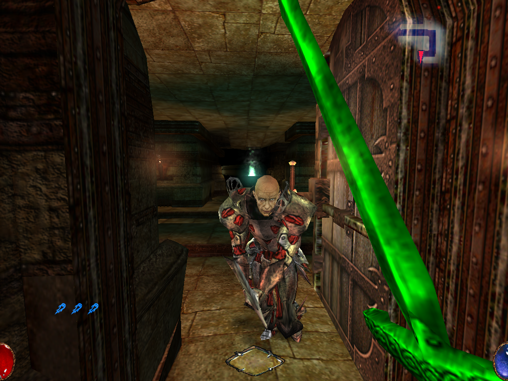 Arx Fatalis (Windows) screenshot: Dude... Greenpeace, can't you see? Flower power. No? You insist on maniacally charging at me?... Looks like he does - this very strong enemy is incredibly annoying