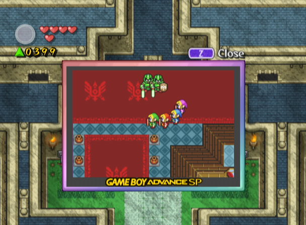 The Legend of Zelda: Four Swords Adventures (GameCube) screenshot: If you don't have a Gameboy Advance, a window appears on screen