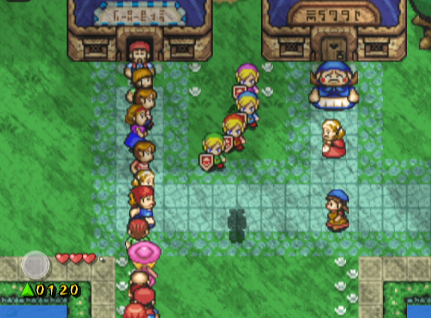 The Legend of Zelda: Four Swords Adventures (GameCube) screenshot: What's going on here? How can I enter that building with everyone blocking the door?