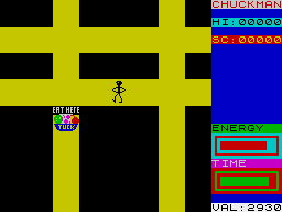 Chuckman (ZX Spectrum) screenshot: An intersting random layout, plus some food