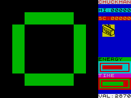 Chuckman (ZX Spectrum) screenshot: Game over leads to one of several scrolling messages