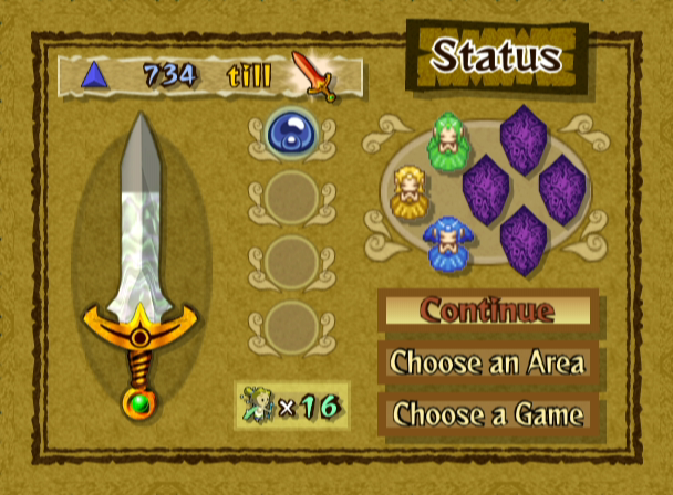 The Legend of Zelda: Four Swords Adventures (GameCube) screenshot: The status screen