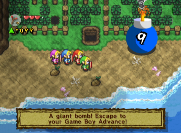 The Legend of Zelda: Four Swords Adventures (GameCube) screenshot: It's a giant bomb! Escape to your Gameboy Advance!!