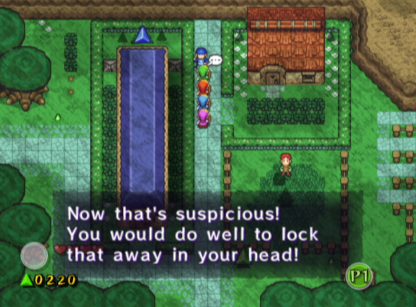 The Legend of Zelda: Four Swords Adventures (GameCube) screenshot: There's some suspicious activity in this town...