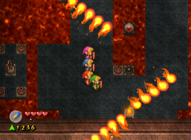 The Legend of Zelda: Four Swords Adventures (GameCube) screenshot: Super Mario Bros. style walls of fire!