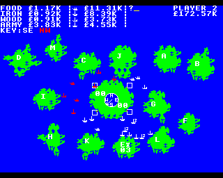 Islandia (BBC Micro) screenshot: Island E has been conquered and fortified