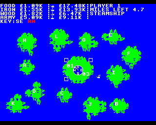 Islandia (BBC Micro) screenshot: Player 1 sends out a steamship