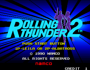 Rolling Thunder 2 (Arcade) screenshot: Title screen. You can play as Leila or Albatross in 1-player mode