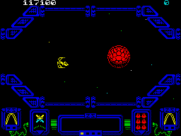 Zynaps (ZX Spectrum) screenshot: Boss of 9 level. He is invulnerable. To defeat them we must destroy his defenders.