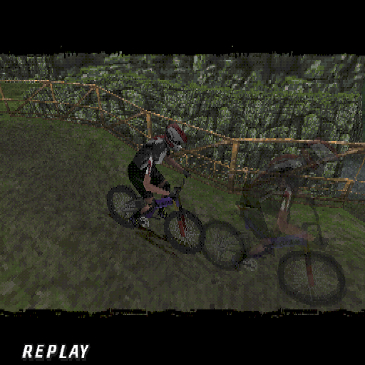 No Fear Downhill Mountain Bike Racing (PlayStation) screenshot: After every race there's an optional replay.