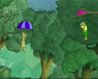 Winky the Little Bear (PlayStation) screenshot: Here they are, stuck<br>How are they going to get down?<br>This is an animated story with no interaction