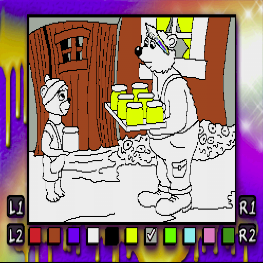 Winky the Little Bear (PlayStation) screenshot: The player selects colours with the left/right buttons and the D-Pad keys to move the brush