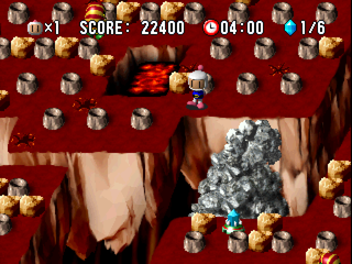Bomberman World (PlayStation) screenshot: Rock slide