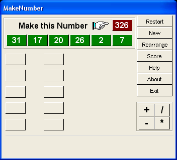 MakeNumber (Windows) screenshot: Begin of a game - you have to use all green numbers to make the dark red number