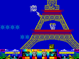 CJ's Elephant Antics (ZX Spectrum) screenshot: Incoming lightning at the Eiffel Tower