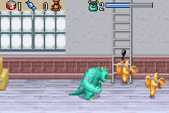 Disney•Pixar Monsters, Inc. (Game Boy Advance) screenshot: Sulley's Roar... this will knock down an opponent as well as stun them (the black ! above the head)