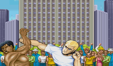 Street Fighter II: Champion Edition (Sharp X68000) screenshot: Intro, the Japanese version features a white fighter hitting a black opponent, while the overseas versions replaced the black opponent with another white fighter