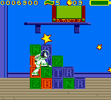 Disney•Pixar Toy Story 2 (Game Boy Color) screenshot: Buzz uses a stack of letter blocks to access more easily a high platform.