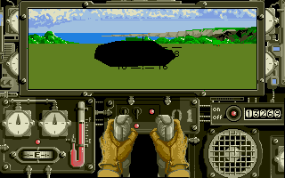 Sherman M4 (Atari ST) screenshot: The burned-out husk of a tank.