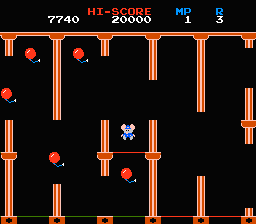 Mappy (NES) screenshot: That trampoline is going to break.