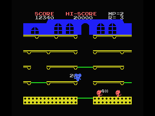 Mappy (MSX) screenshot: You can walk at the attic to bypass some trampolines