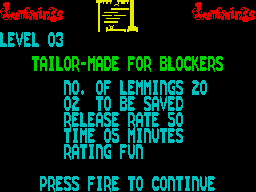 Lemmings (ZX Spectrum) screenshot: Summary of the next level