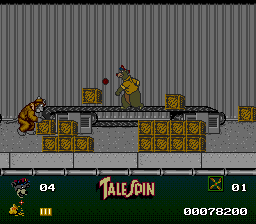 Disney's TaleSpin (TurboGrafx-16) screenshot: Some sort of warehous. I don't remember the TV show well enough to remember what these guys were called.