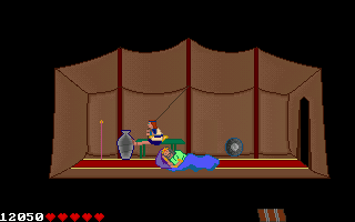 Defender of the Faith: The Adventures of David (DOS) screenshot: David daringly dangles over the drowsing dynast