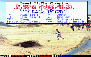 Defender of the Faith: The Adventures of David (DOS) screenshot: Every level has its own help screen, complete with "historical reference".