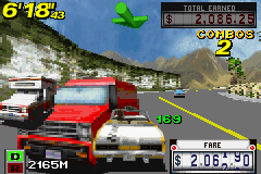 Crazy Taxi: Catch a Ride (Game Boy Advance) screenshot: With a congested traffic, the possibilities of a collision can increase suddenly.