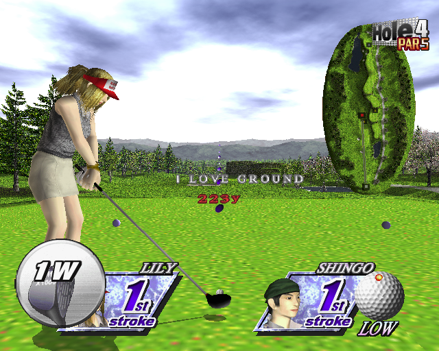 Go Go Golf (PlayStation 2) screenshot: Lining up at the tee<br>The mini map shows three possible shots the player can make