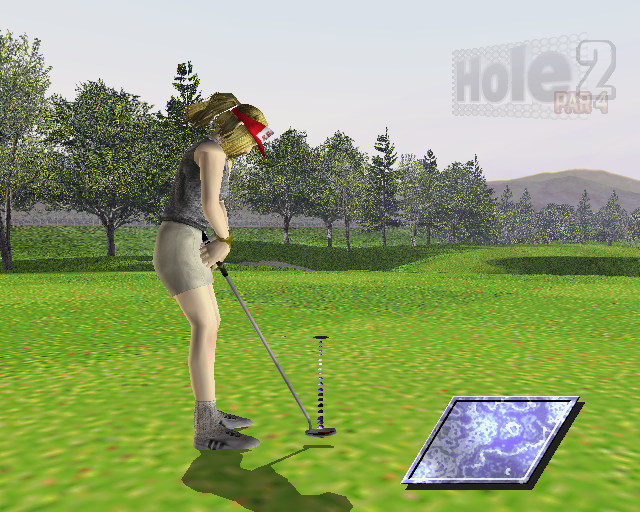 Go Go Golf (PlayStation 2) screenshot: On the green shaping up for a put<br>Here there is no mini map and no choice of stroke to play<br>When the player presses CROSS the view changes to side-on
