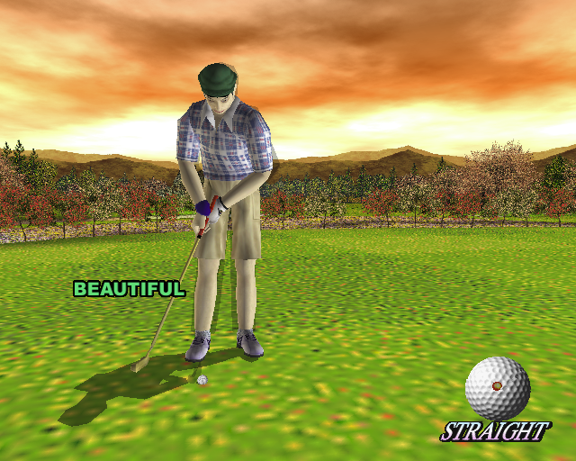 Go Go Golf (PlayStation 2) screenshot: Timing is everything.<br>Press CROSS at just the right point of the backswing, or right at the moment of impact and the game will give you a 'well done'