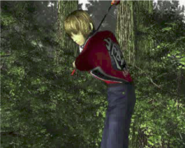 Go Go Golf (PlayStation 2) screenshot: The game starts with an animated sequence showing all the golfers. This guy is playing in, or rather out of, a forest