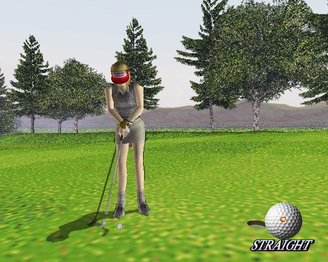 Go Go Golf (PlayStation 2) screenshot: On the green shaping up for a put<br>All strokes use the same side-on view with the familiar shadow showing the point in the backswing where CROSS must be pressed