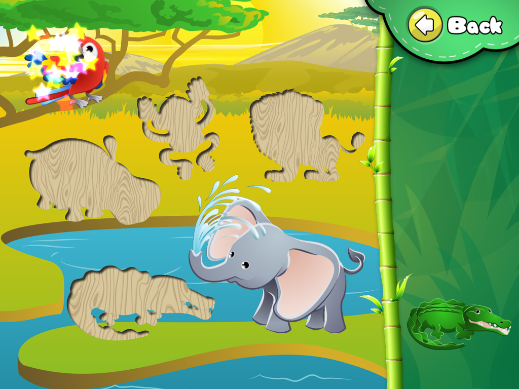 Animal Puzzle: Drag 'n' Drop (iPad) screenshot: Jungle animal tiles on the pond