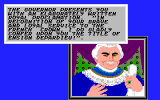 Sid Meier's Pirates! (Apple IIgs) screenshot: For service to the French Crown, I get the first title (Ensign)