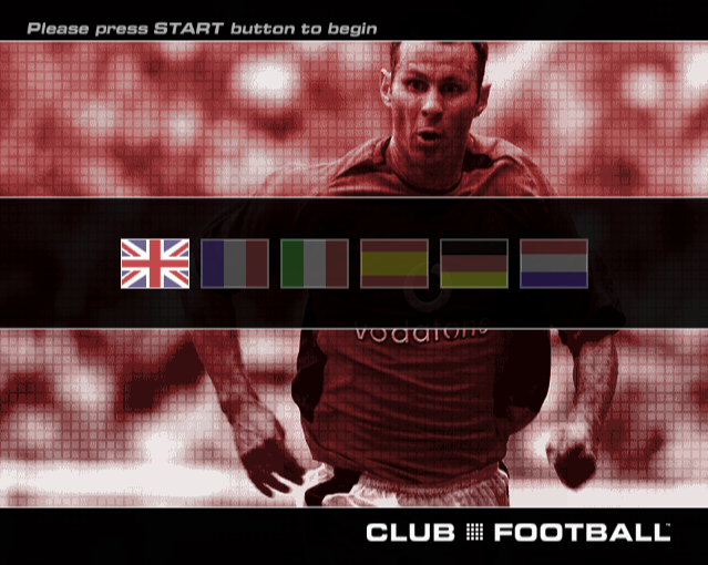 Club Football: 2003/04 Season (PlayStation 2) screenshot: The game plays in six languages.<br>The background picture on this and other changes randomly to show different club players<br><br>Manchester United game
