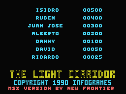 The Light Corridor (MSX) screenshot: High score screen