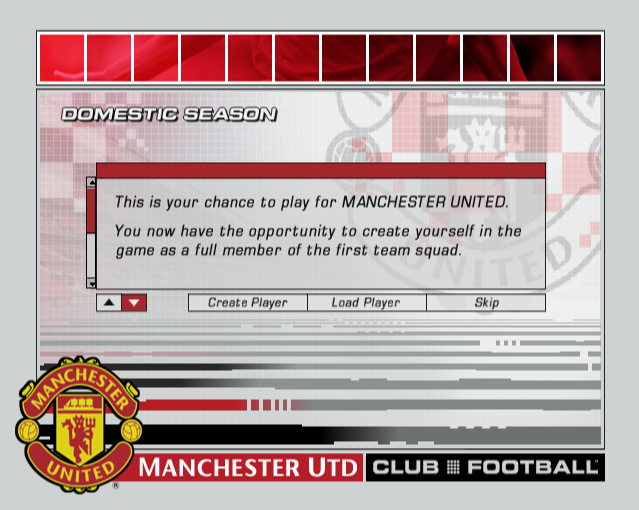 Club Football: 2003/04 Season (PlayStation 2) screenshot: At the start of a domestic season a new player profile can be created so that the player can put themselves into the squad. If the player skips this opportunity they can do it later on in the season