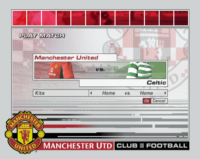 Club Football: 2003/04 Season (PlayStation 2) screenshot: This is from a Quick Match but the same screen is used in the domestic season. The player does not get to select their opposition but they can choose the strips<br><br>Manchester United game