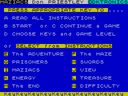 Maziacs (ZX Spectrum) screenshot: Main menu