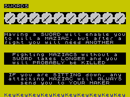 Maziacs (ZX Spectrum) screenshot: Information on the Swords