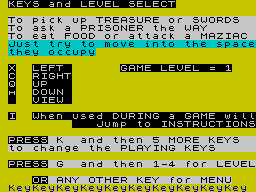 Maziacs (ZX Spectrum) screenshot: Controls and other settings